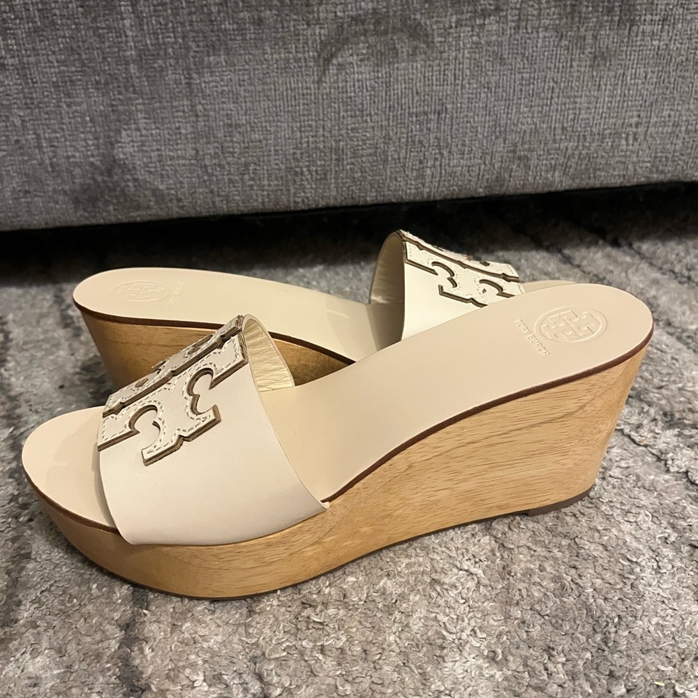Tory Burch Tan and Cream Wedge Sandals